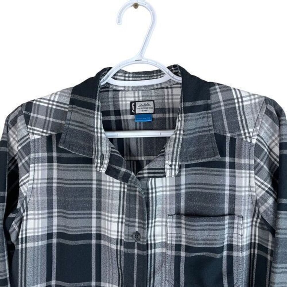Kavu Flannel Shirt Top Blouse Womens‎ XS Gray Black Plaid L/S Cotton Button Up